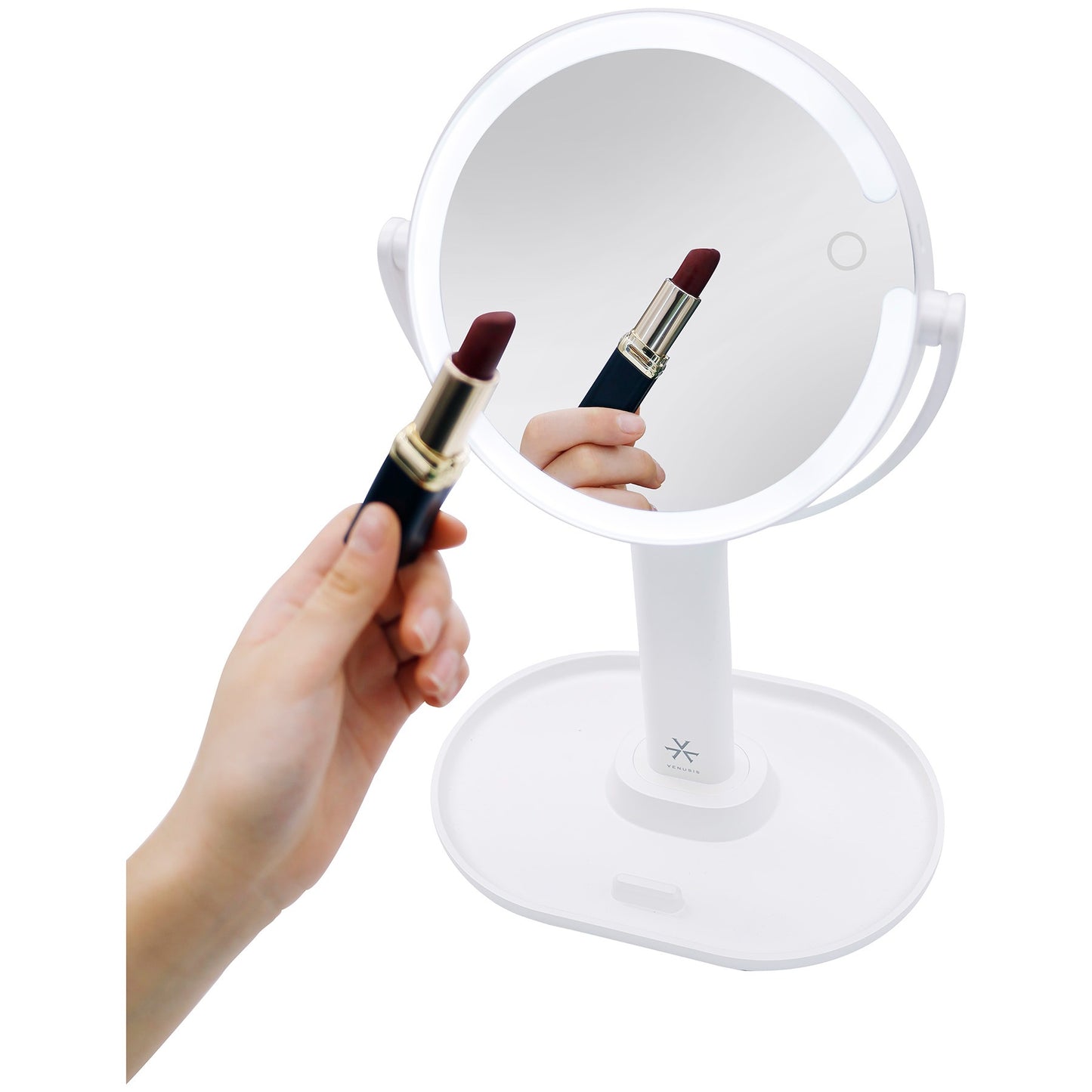 【送料無料】VENUSiS ヴィナシス スマホスタンド付き LEDミラー VML-4200-5X ホワイト【女優ミラー 3色調光 充電式 トレー付き メイクミラー 明るさ調整 卓上ミラー 化粧ミラー】