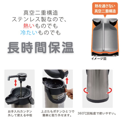 オルゴ スゴ楽ポット かる押し 3.0L 【レバー式 エアーポット 保温ポット 保温力抜群 保冷 軽い力で注げる まほうびん エコ】