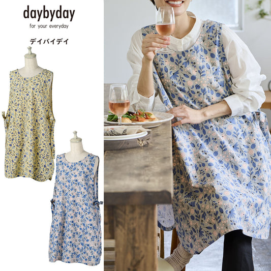daybyday デイバイデイ フラワーリーブス カバーエプロン [レップ 花柄 綿100% ゆったり ワンマイルウェア 前後着用OK 体型カバー 大人可愛い 61.5×90cm REP レディース ギフト プレゼント 母の日 誕生日 保育士 料理教室 家事服 洗える ロング丈 お尻隠し おうち時間]